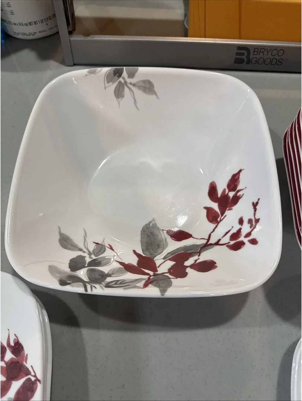 Corelle Kyoto Leaves 16pc Square Set, White/Red/Gray, PLUS LG serving bowl.